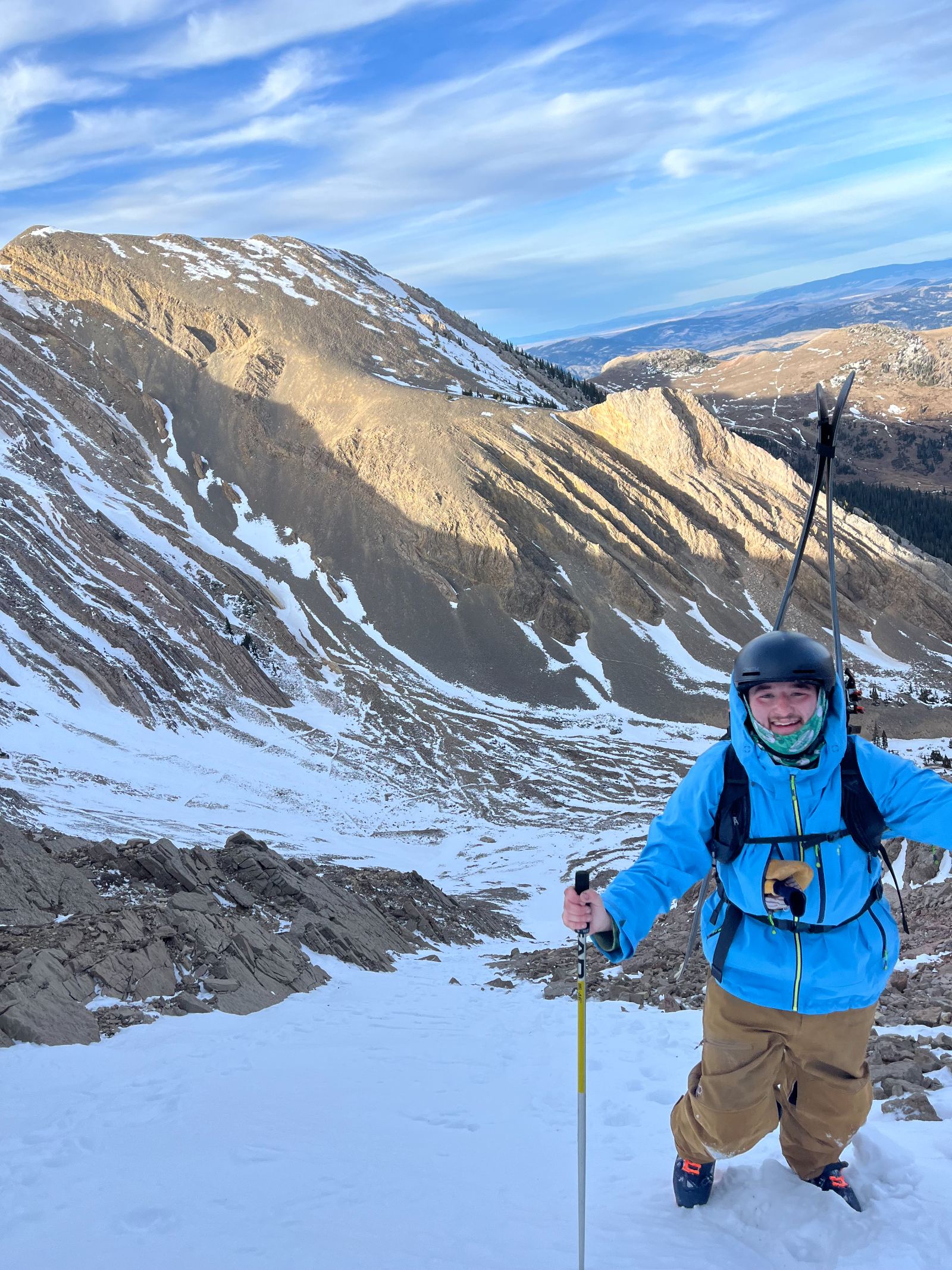 Garrett skinning up a Colorado couloir at sunrise
